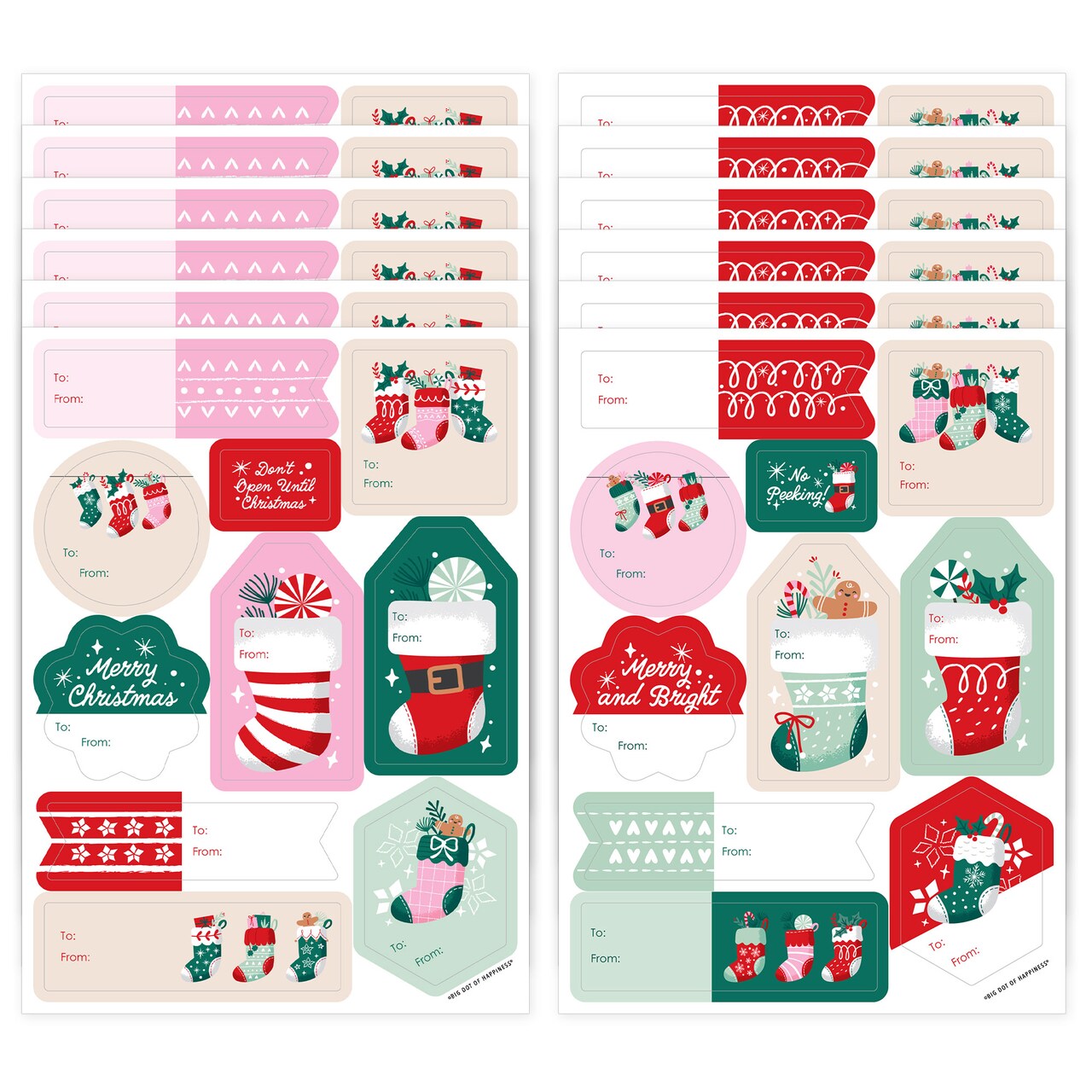 Big Dot of Happiness Christmas Stockings Gift Tag Stickers, Assorted Winter Holiday Gift Tag Labels, To and From Stickers - 12 Sheets - 120 Stickers